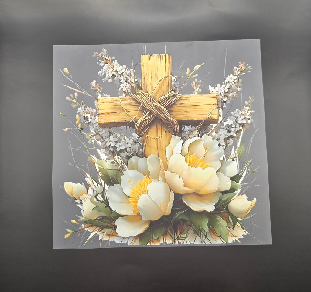 White Flower and Cross DTF Transfer – Ready to Press Faith-Inspired Tee Iron-On