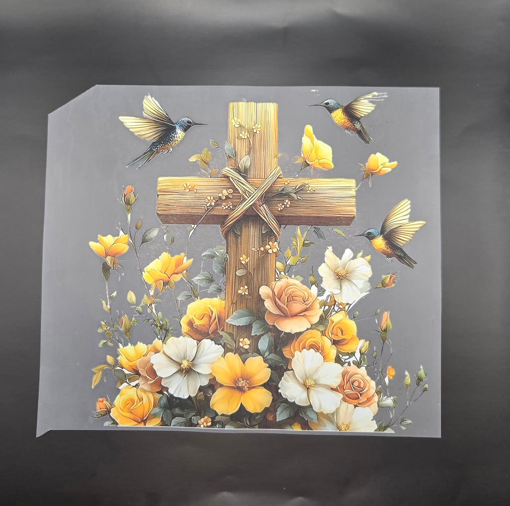 Bird and Flower Cross DTF Transfer – Ready to Press Faith-Inspired Tee Iron-On