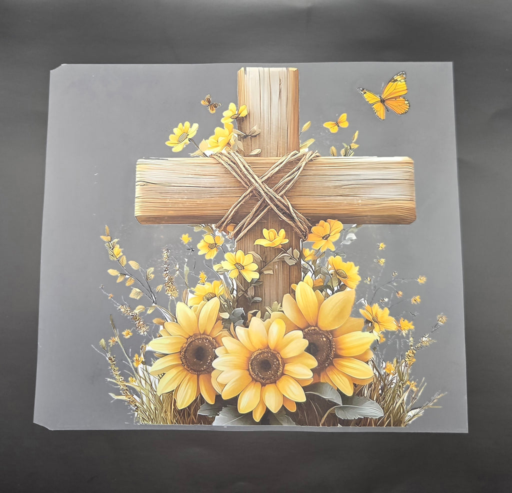 Yellow Flower Cross DTF Transfer – Ready to Press Faith-Inspired Tee Iron-On
