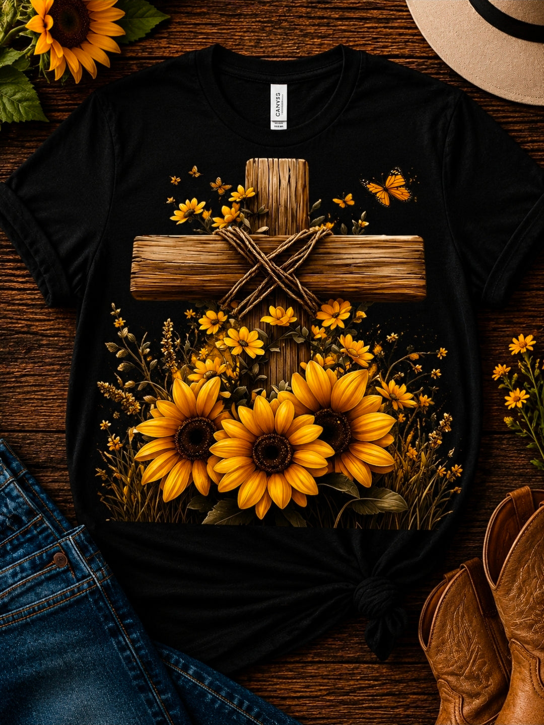 Yellow Flower Cross DTF Transfer – Ready to Press Faith-Inspired Tee Iron-On
