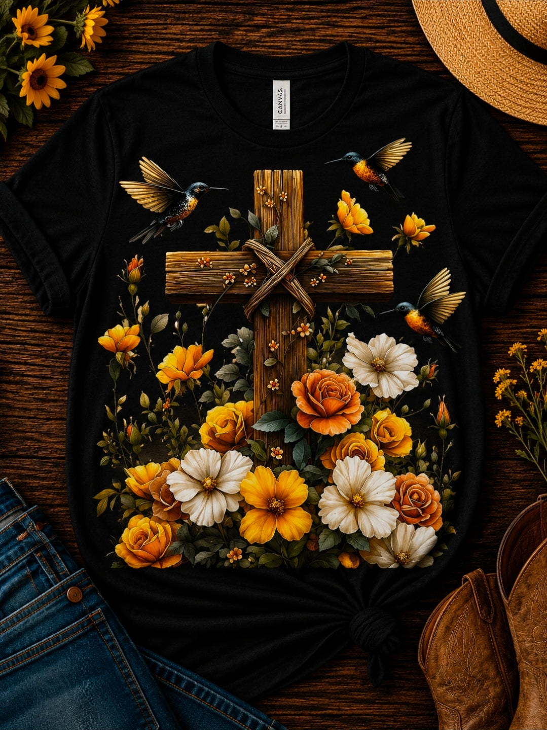 Bird and Flower Cross DTF Transfer – Ready to Press Faith-Inspired Tee Iron-On