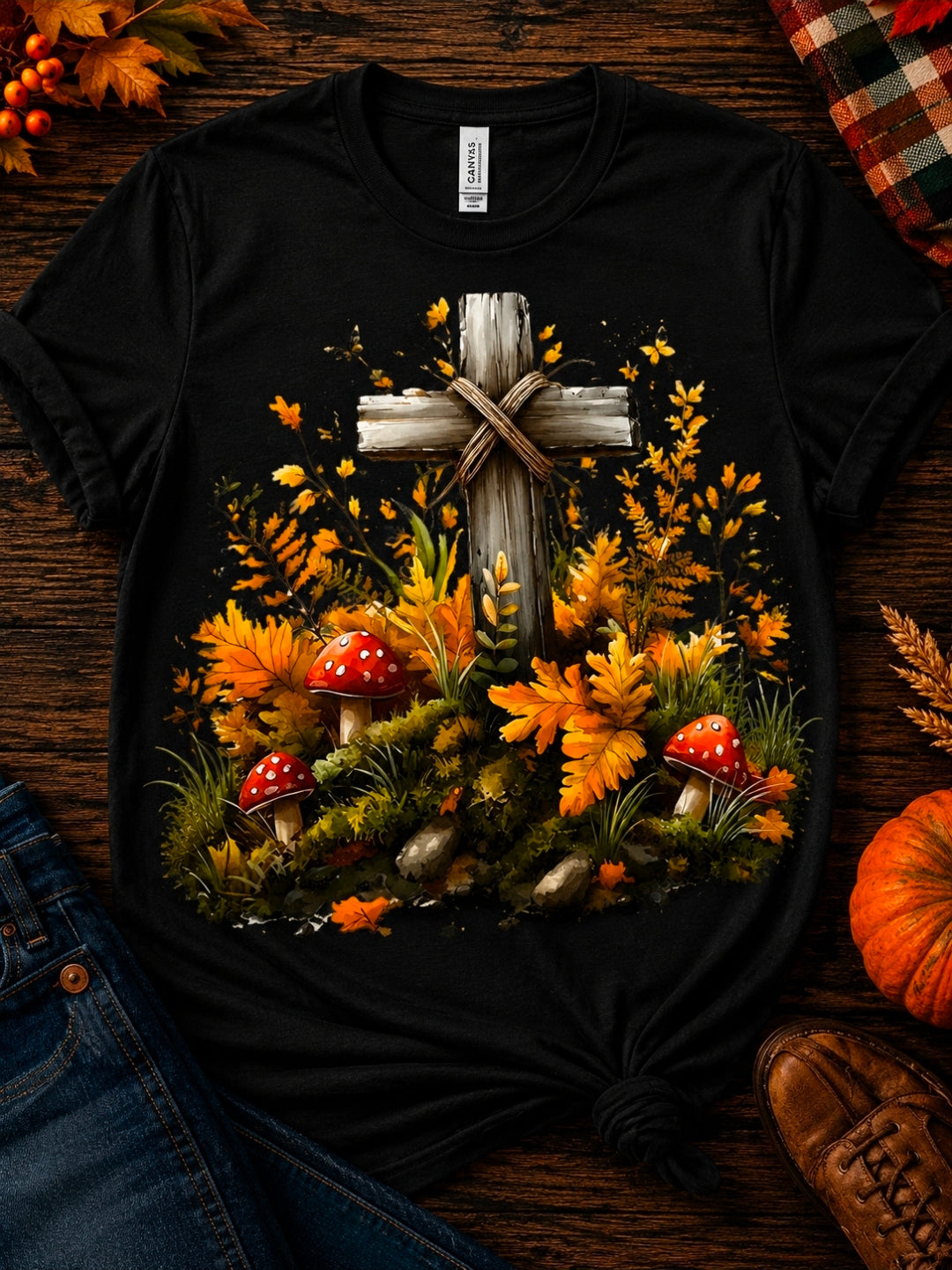 Cross Mushroom DTF Transfer – Ready to Press Boho Faith Tee Iron-On