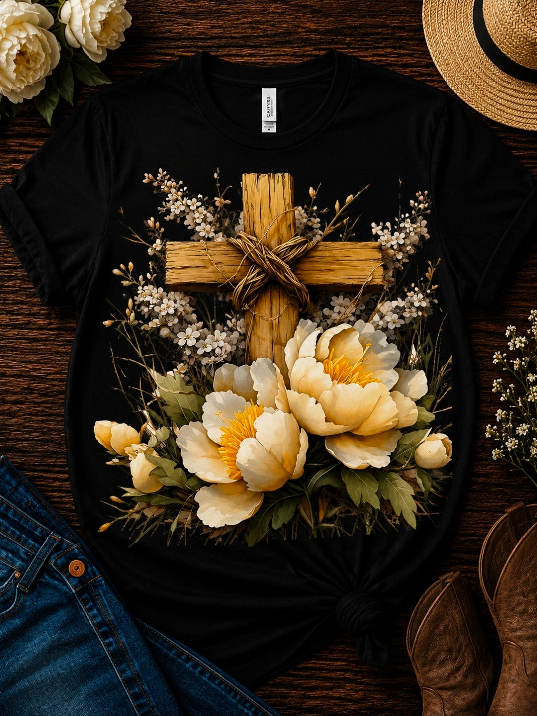 White Flower and Cross DTF Transfer – Ready to Press Faith-Inspired Tee Iron-On